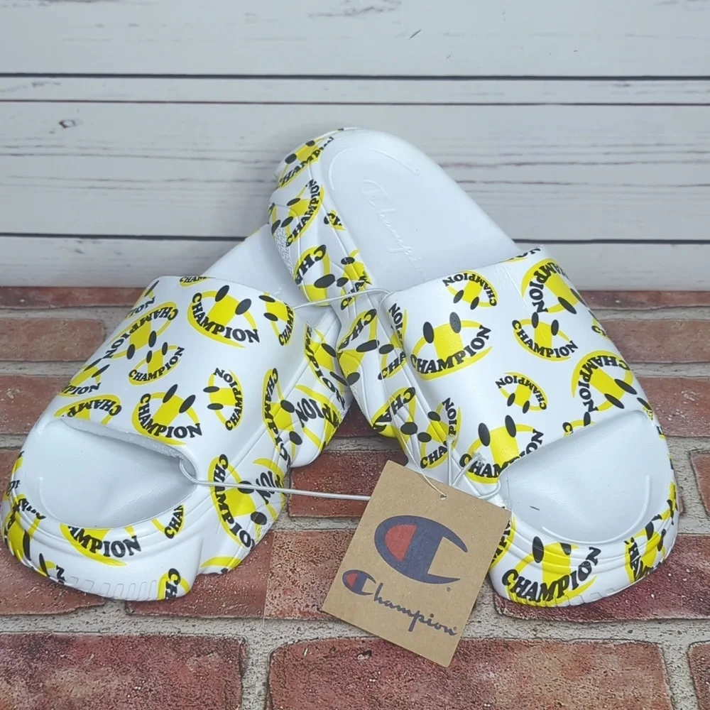 Champion Men's Meloso Squish Smile‎ White and Yellow Slide Slip On Sandals
